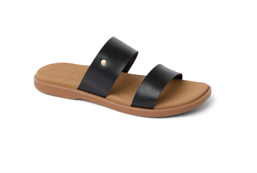 Black sandal with brown sole on a white background