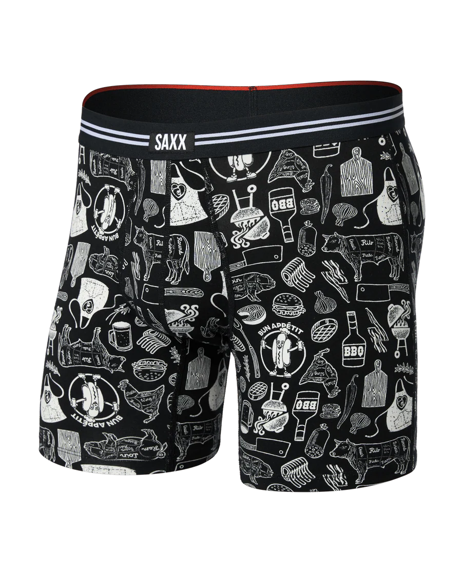 Black boxer briefs with white graphic design on a white background, featuring the brand 'SAXX'.