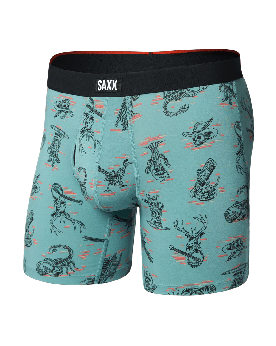 Teal boxer briefs with animal print and black waistband on a white background