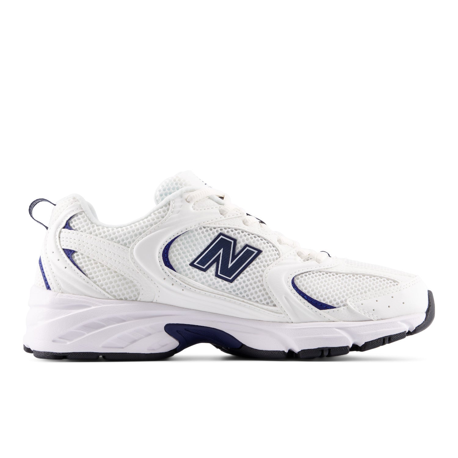 White athletic shoe with blue accents on a white background