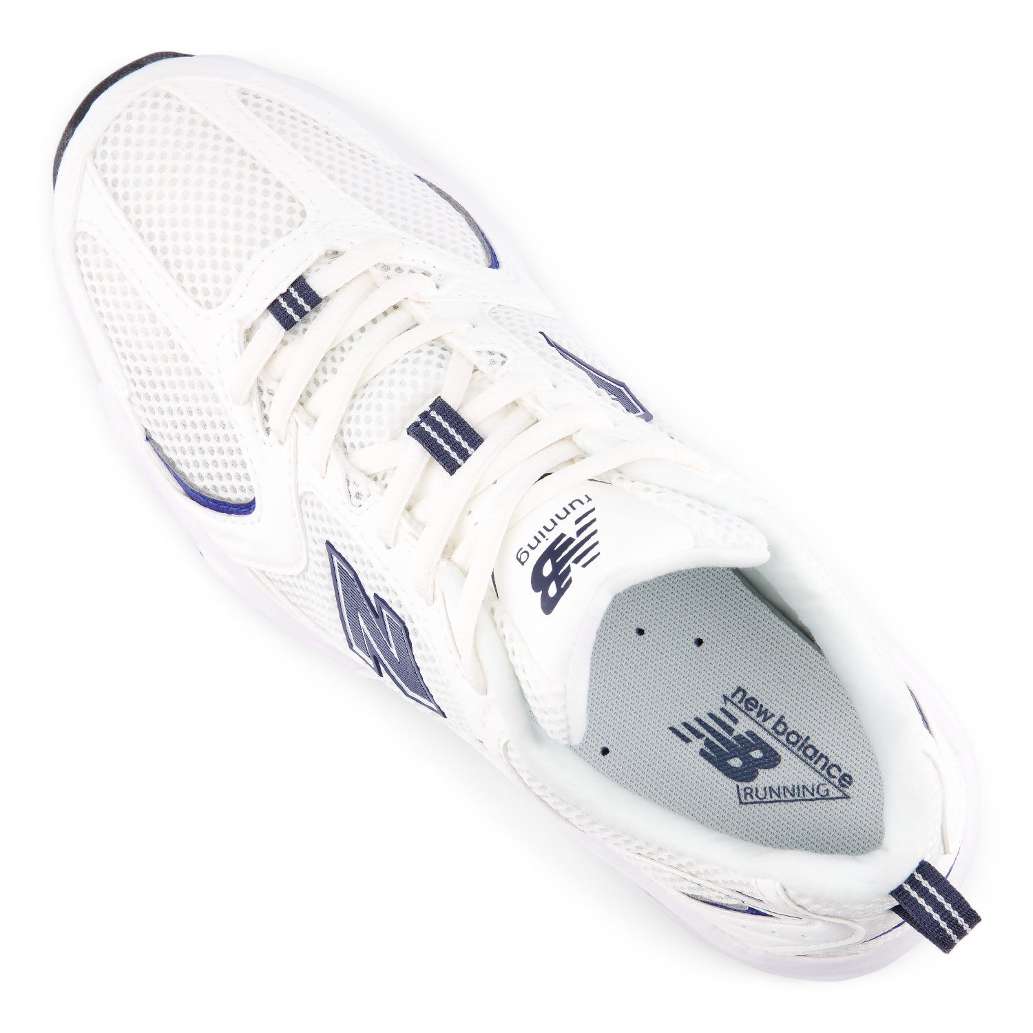 White running shoe with blue accents on a white background