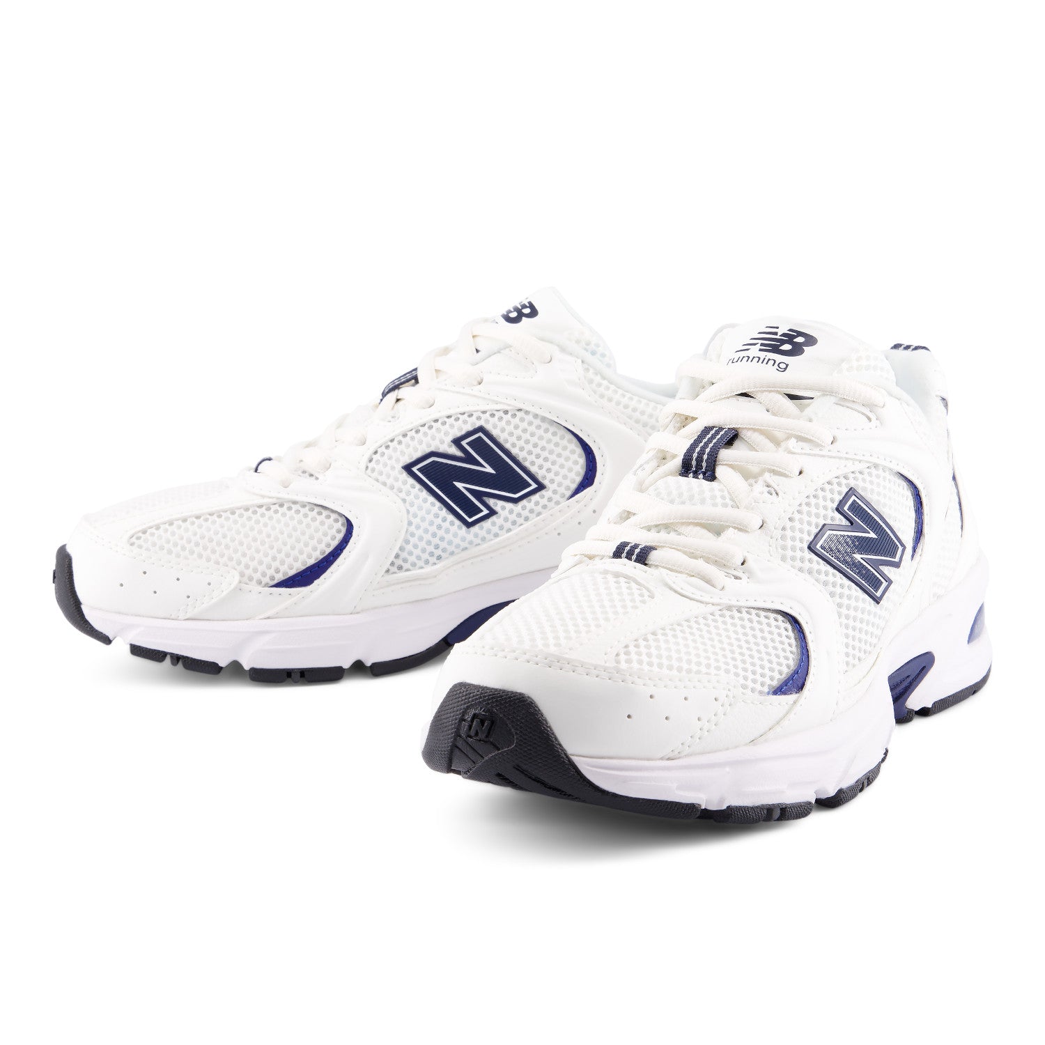 White New Balance sneakers with blue accents on a white background