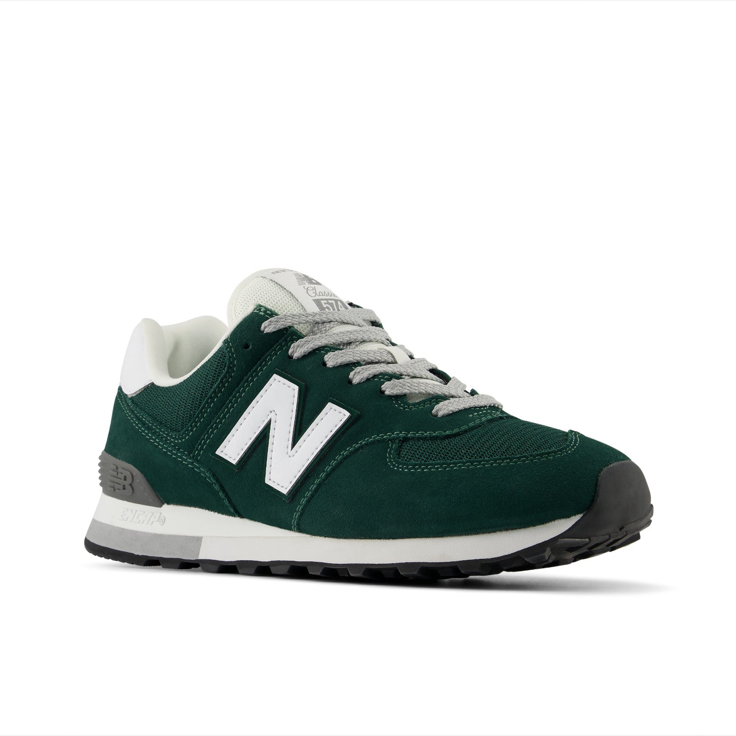 A single New Balance sneaker in forest green with a white 'N' logo, white laces, a white midsole, and a black outsole, shown against a plain white background.