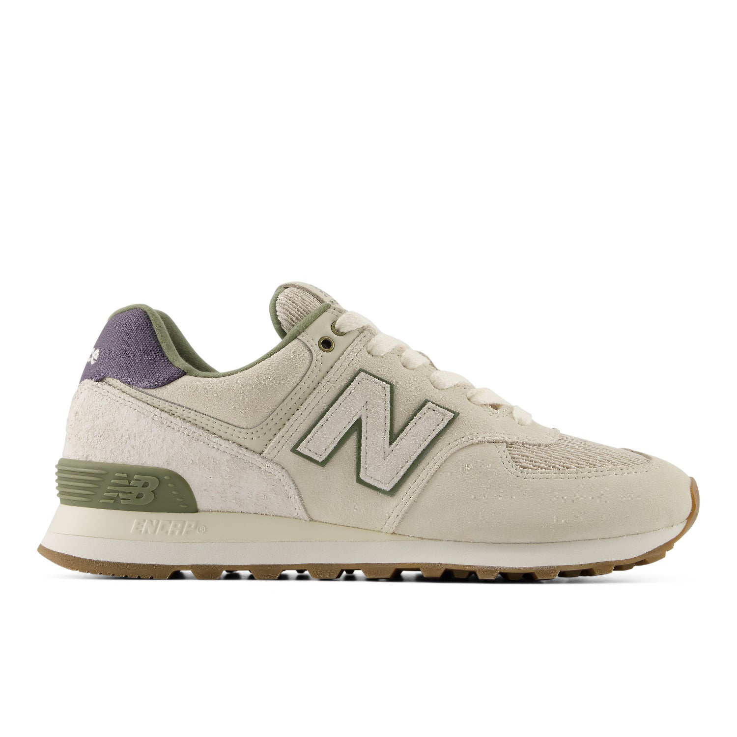Beige sneaker with purple and green accents on a white background