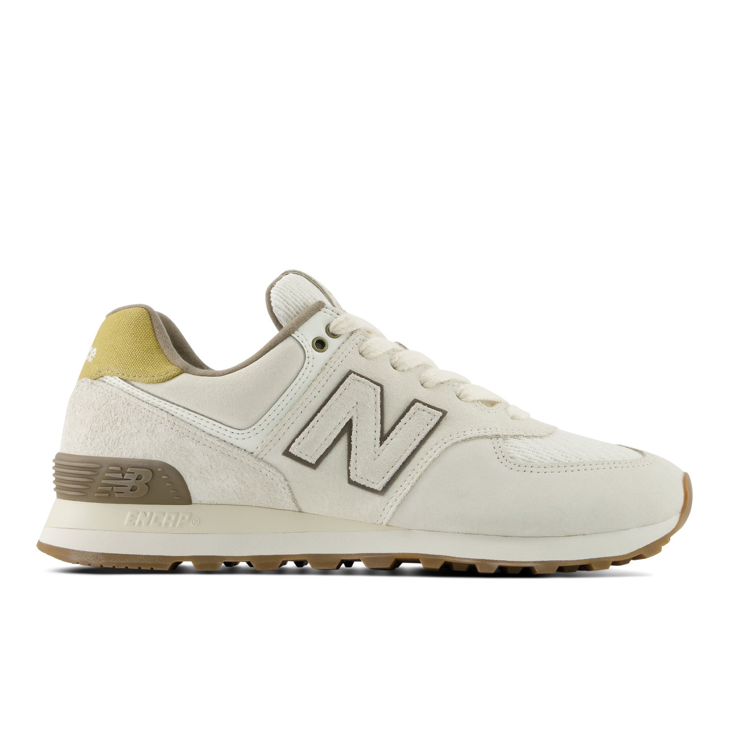 Beige sneaker with brown accents on a white background