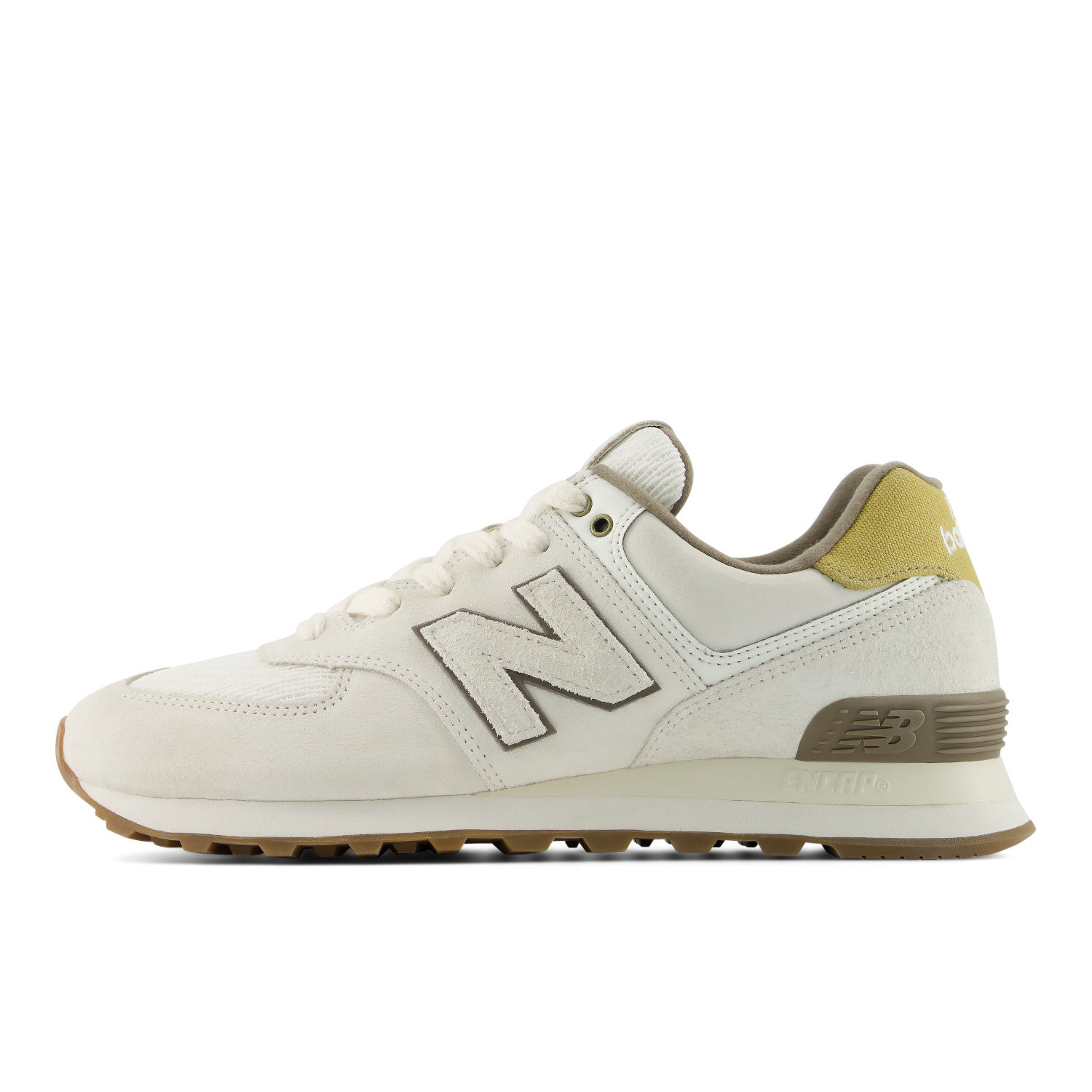 White New Balance sneaker with brown accents on a white background