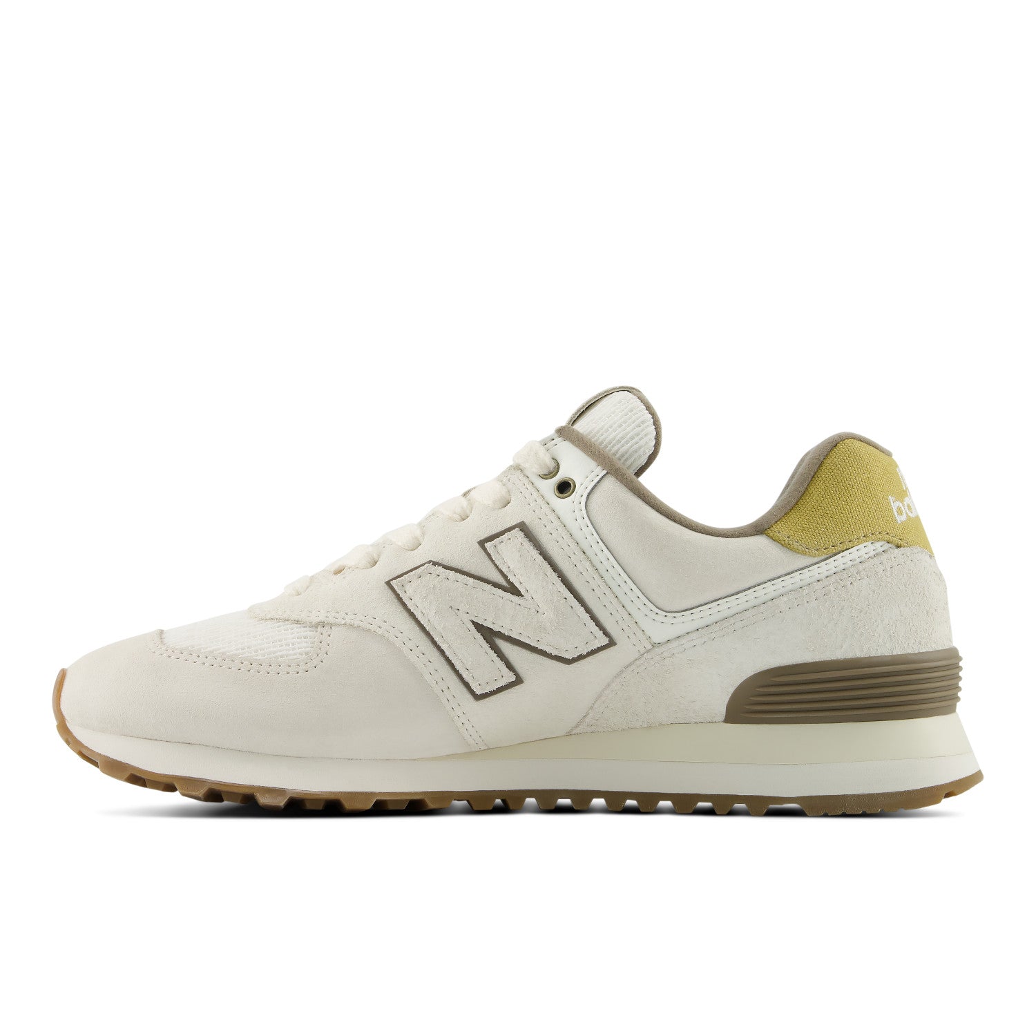 White sneaker with brown accents on a white background
