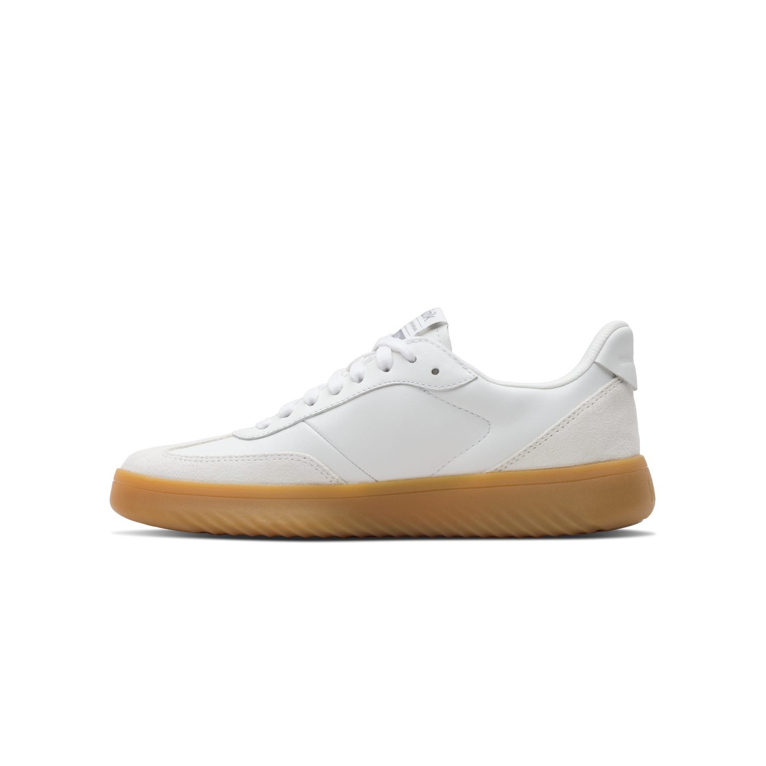 White sneaker with a brown sole on a white background
