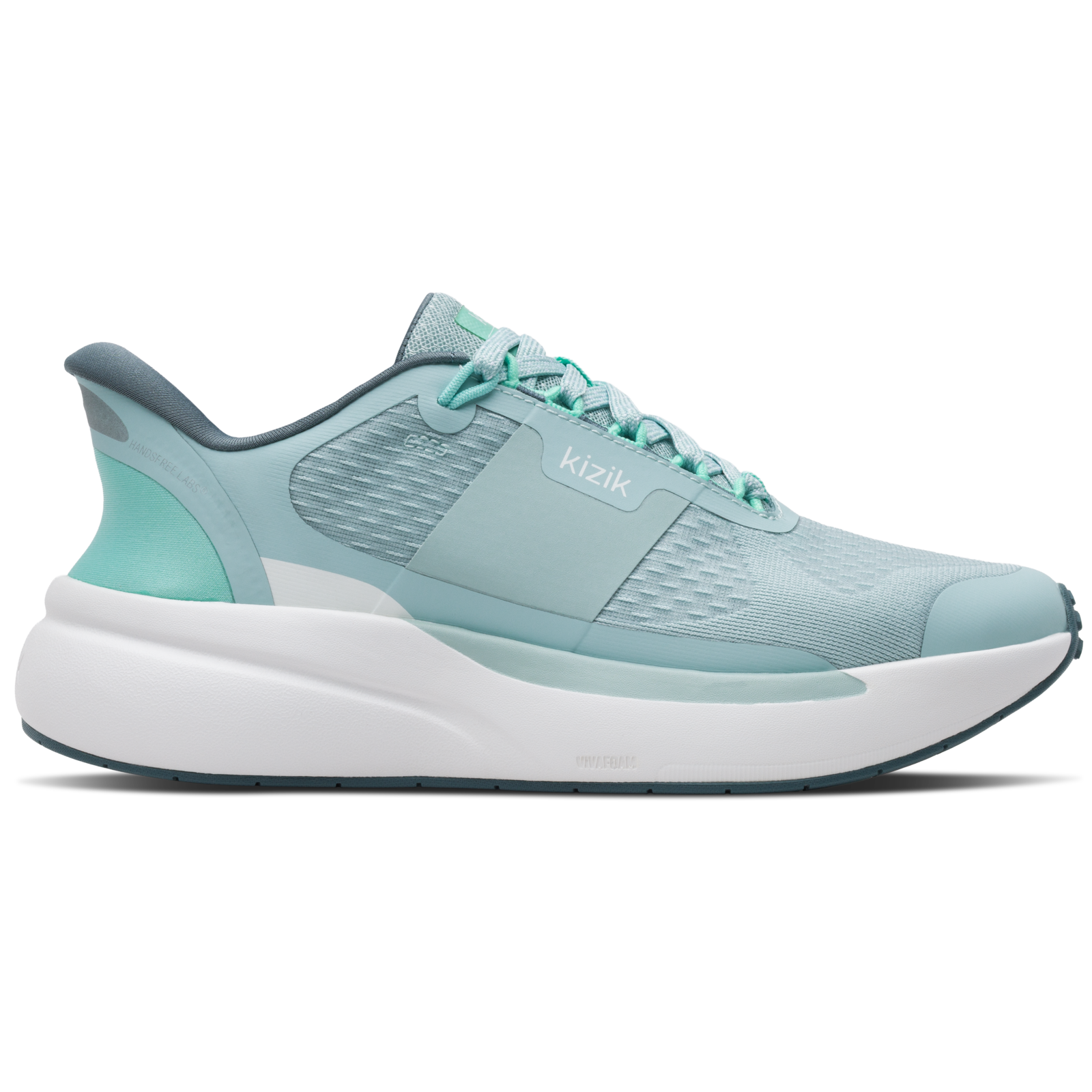 Light blue running shoe with white sole on a white background