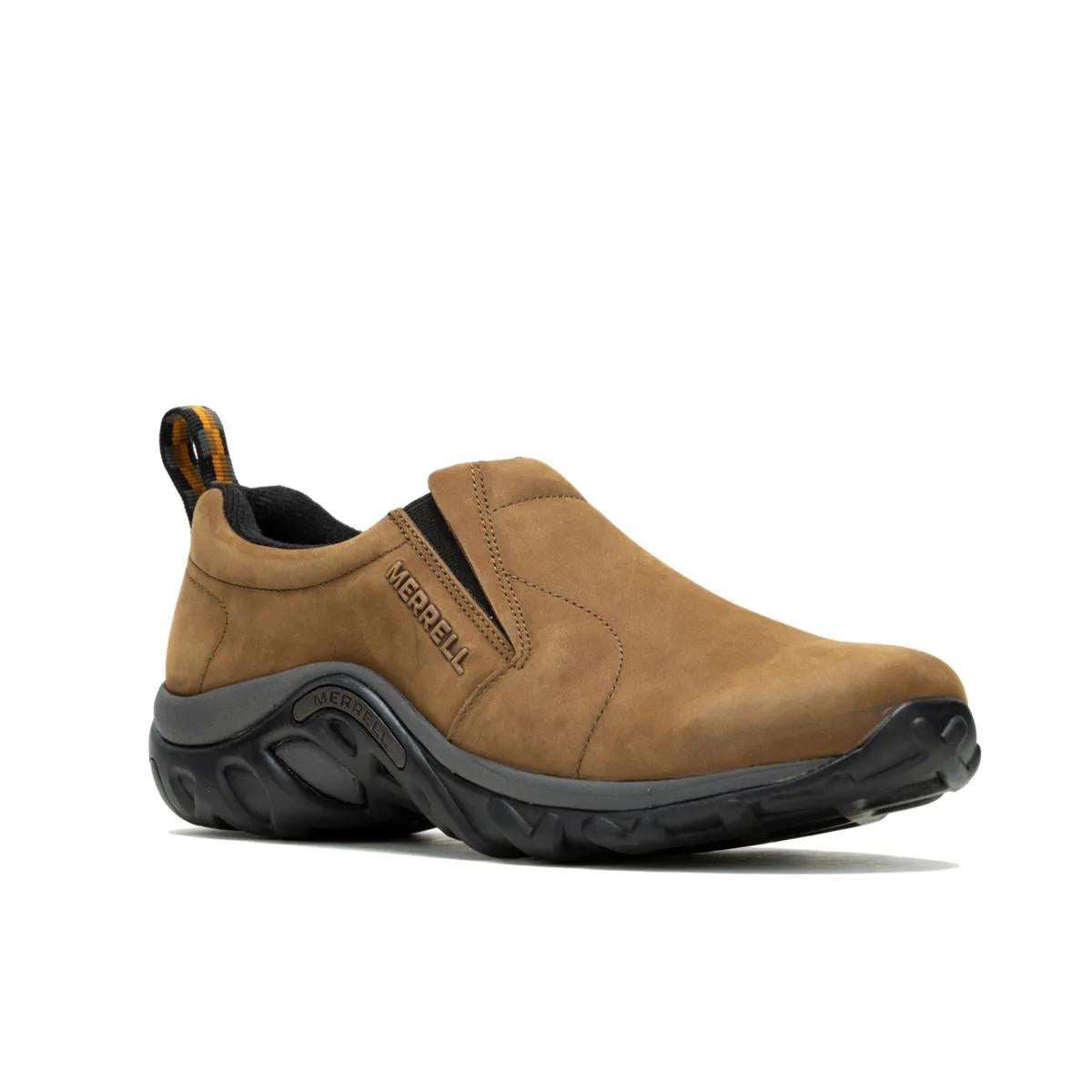 Brown slip-on shoe with black sole on a white background