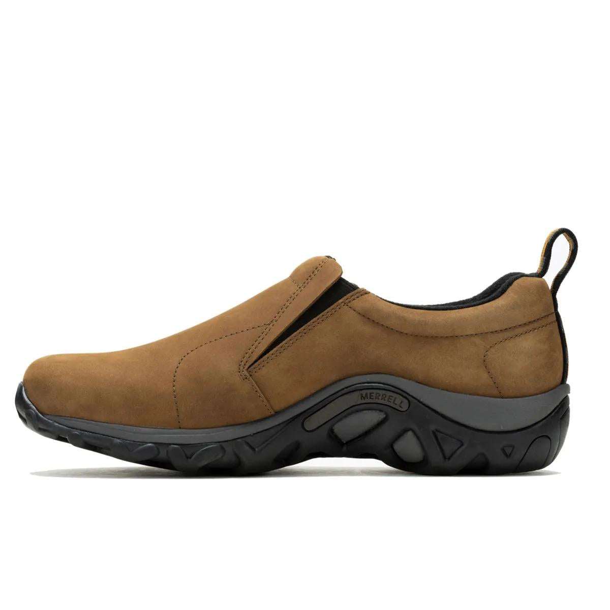 Brown slip-on shoe with black sole on a white background