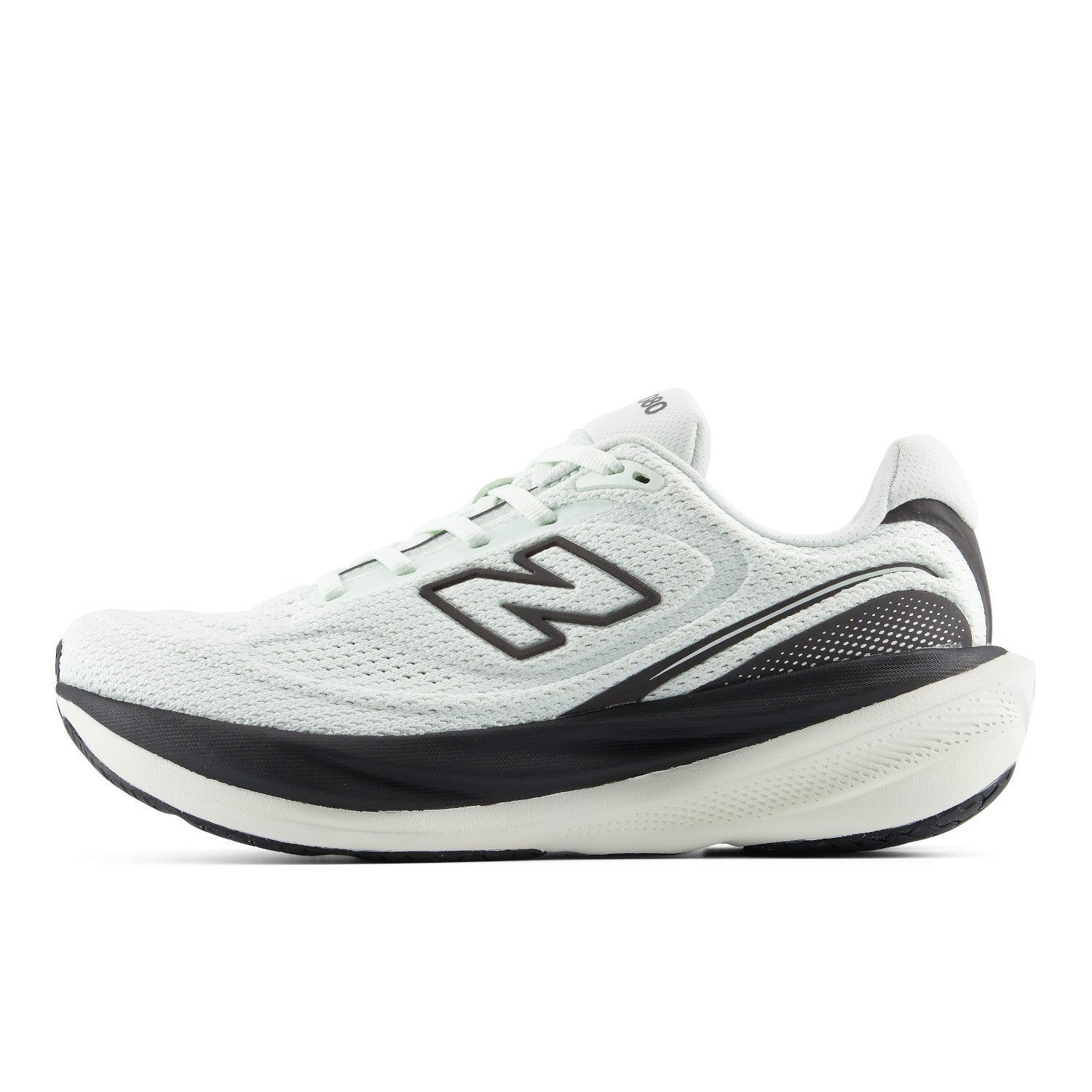 A New Balance running shoe in white and black, shown from the side against a plain white background.
