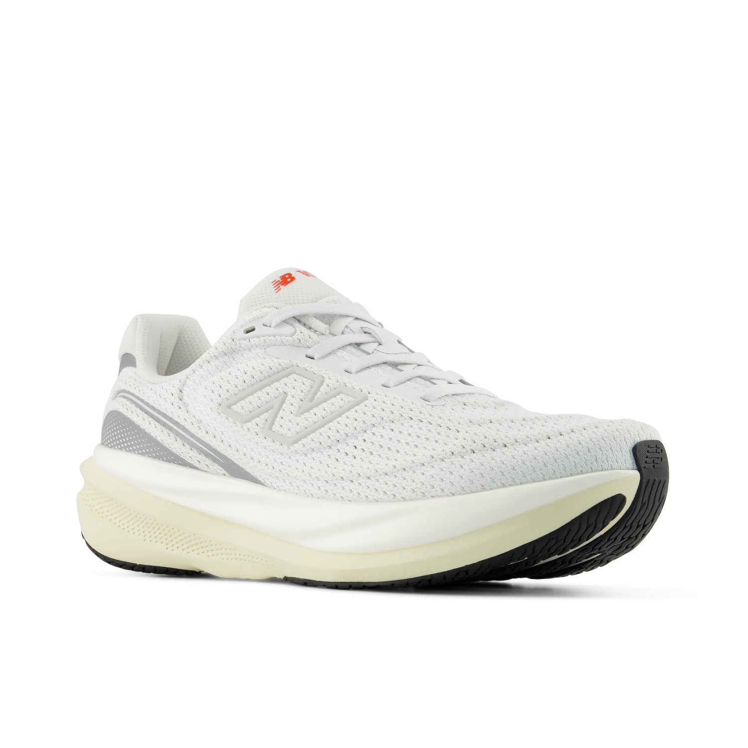 White running shoe with black sole on a white background