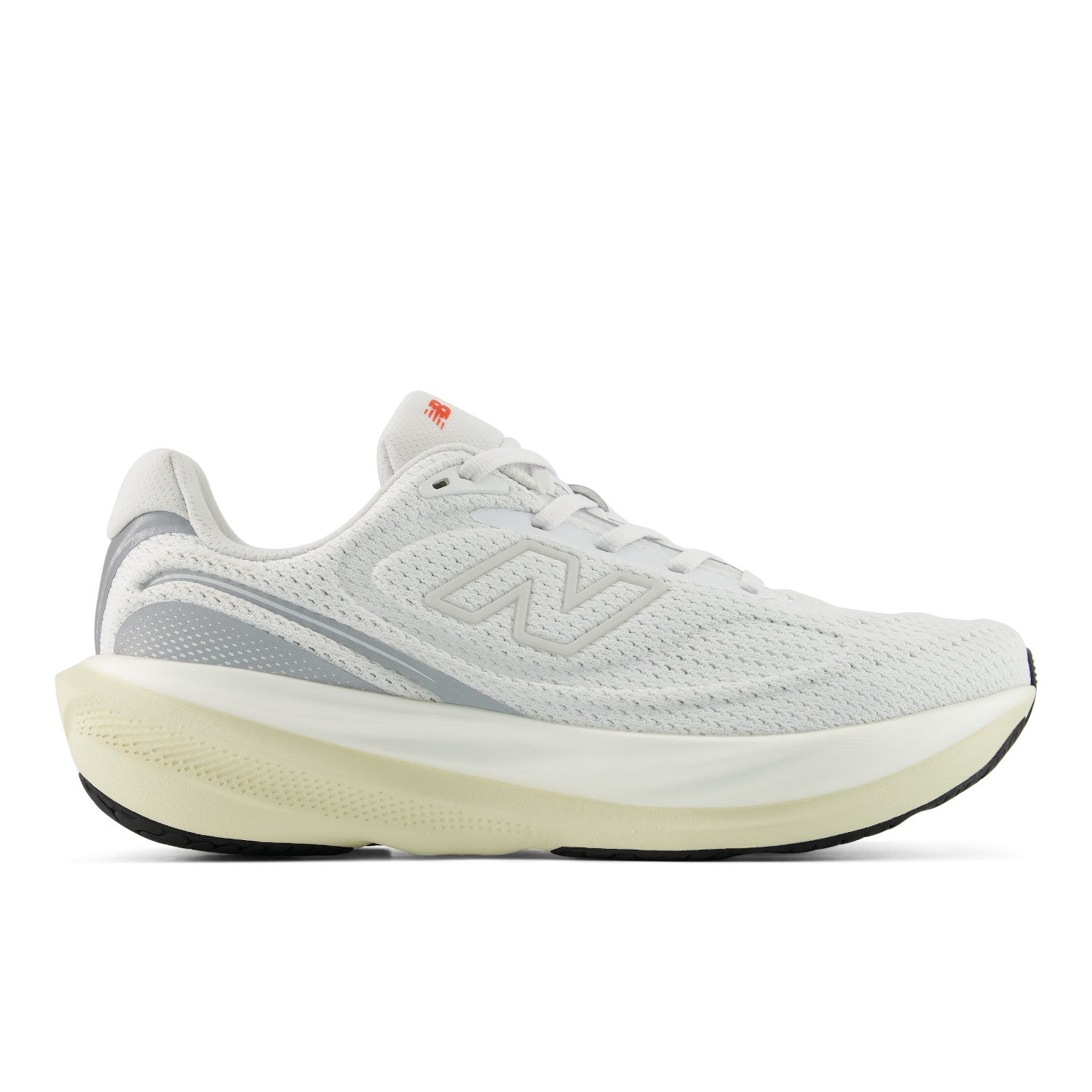 White running shoe with gray accents on a white background