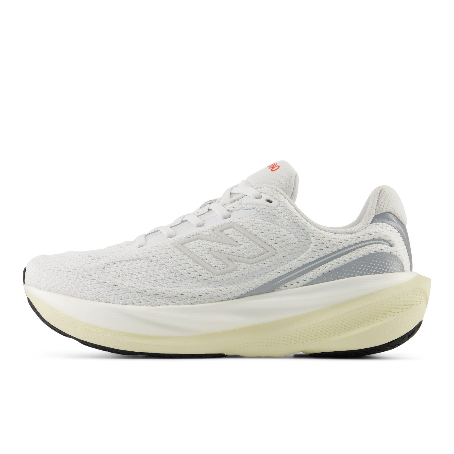 White running shoe with a light sole on a white background