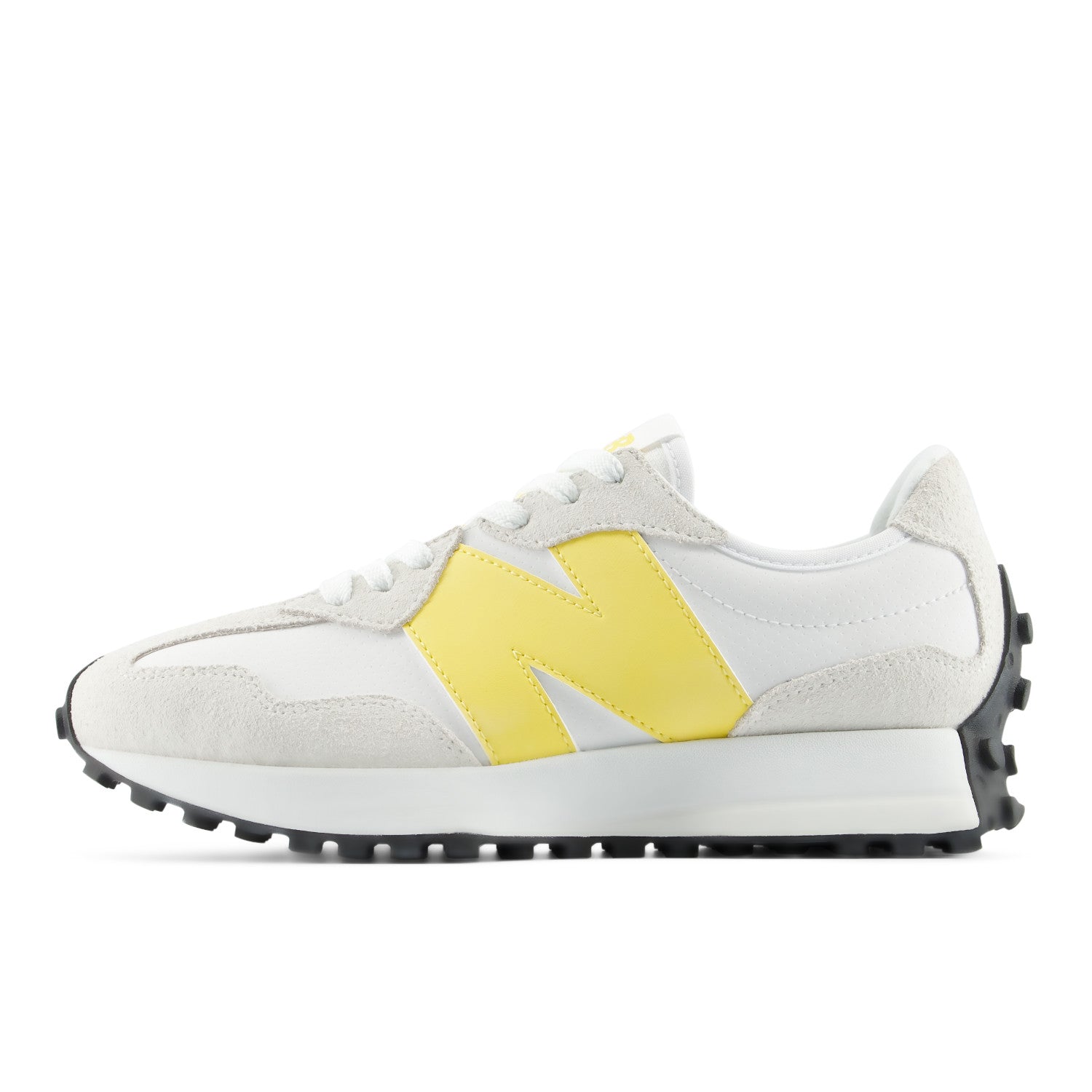 White sneaker with yellow accents on a white background