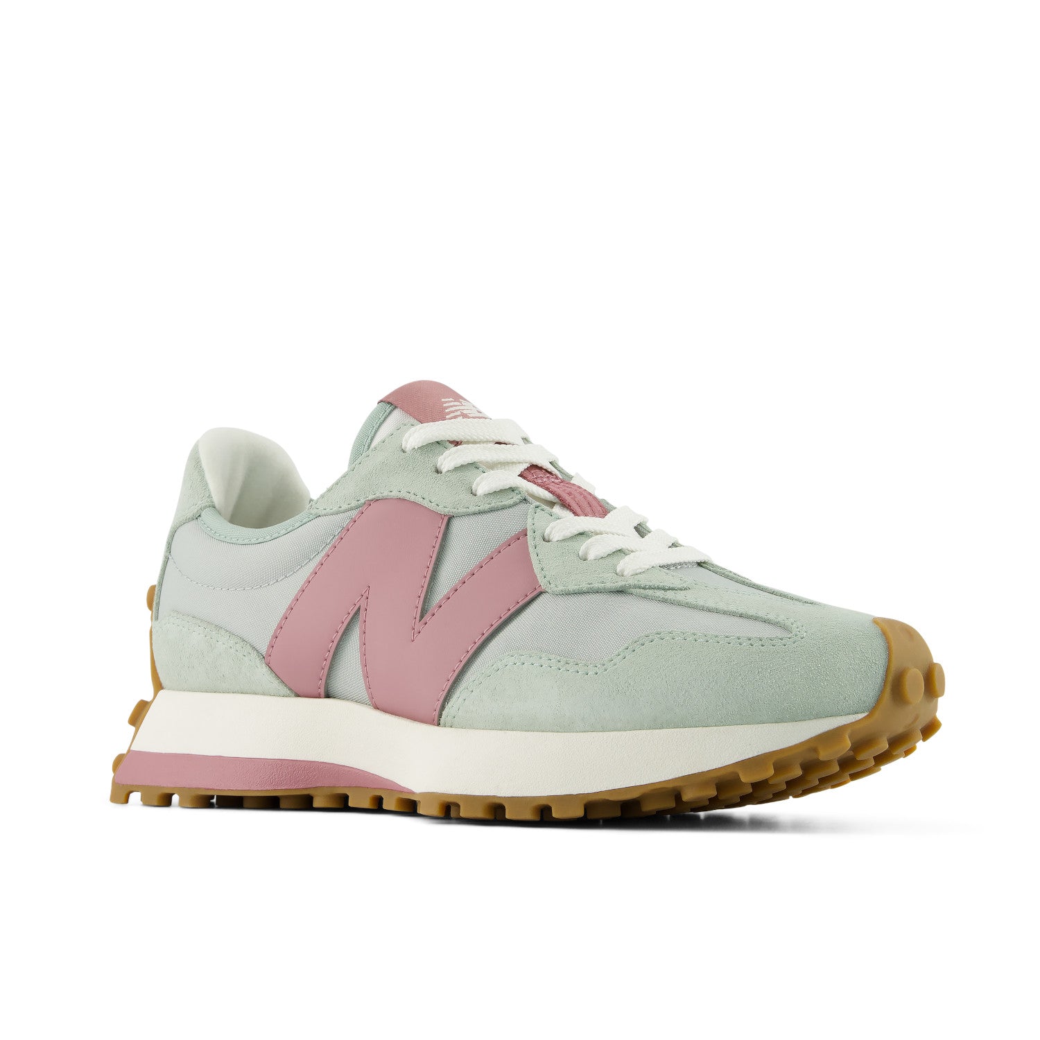Light green and pink sneaker with white sole on a white background