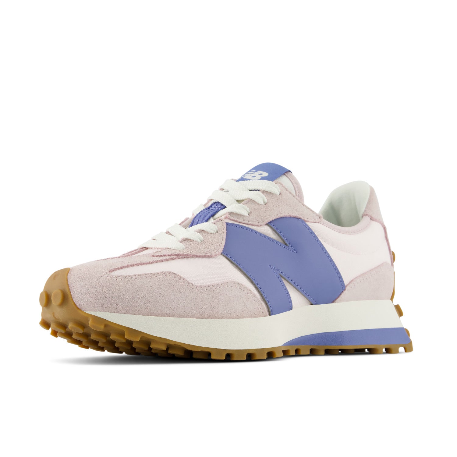 Sneaker with purple 'N' logo on a white background