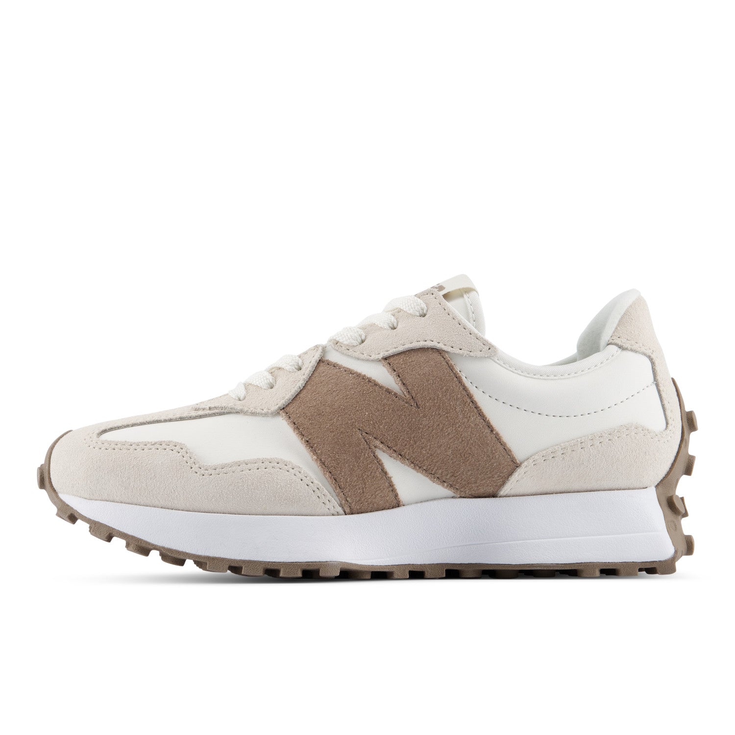 Beige and brown sneaker with New Balance logo on a white background
