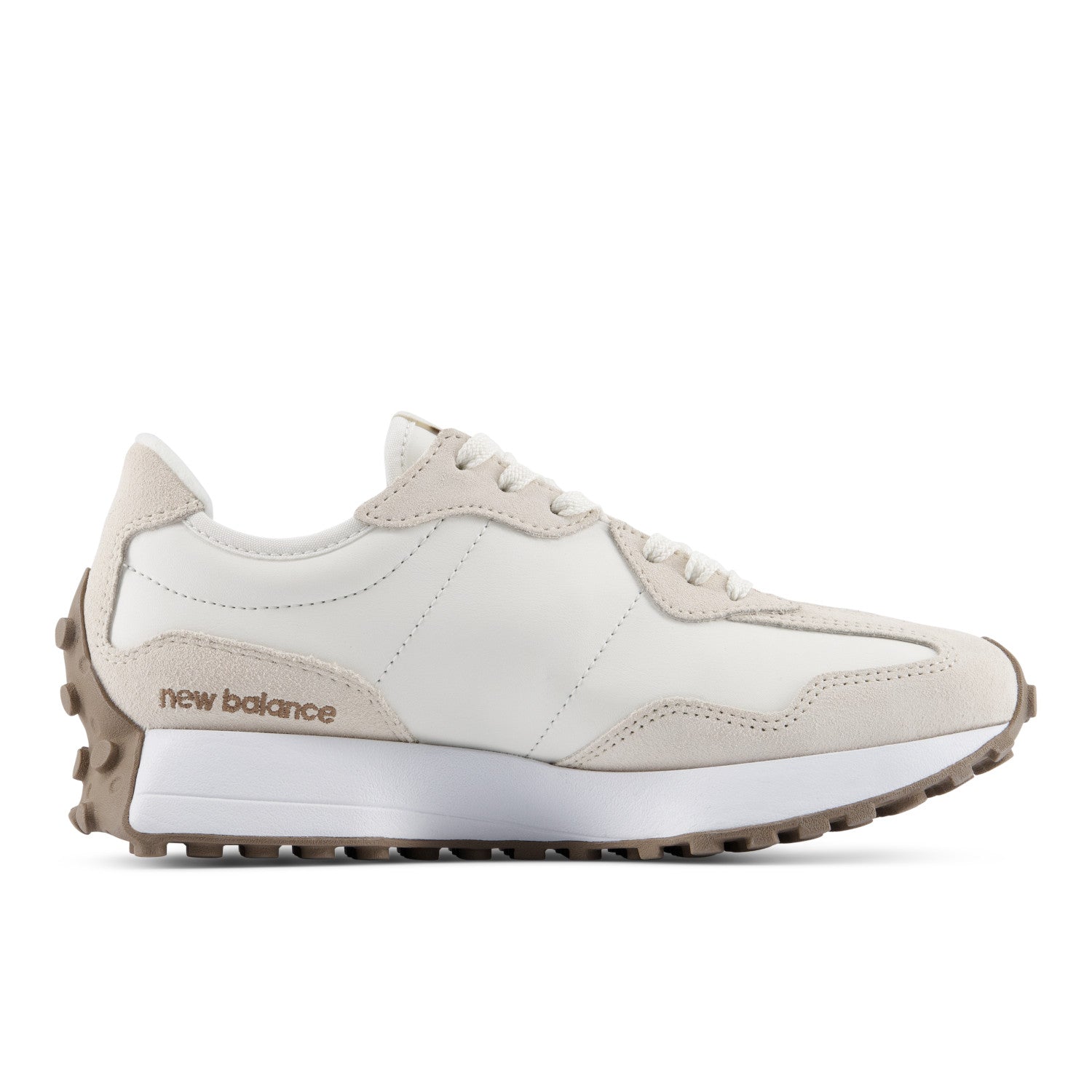 White and beige sneaker with 'New Balance' branding on a white background
