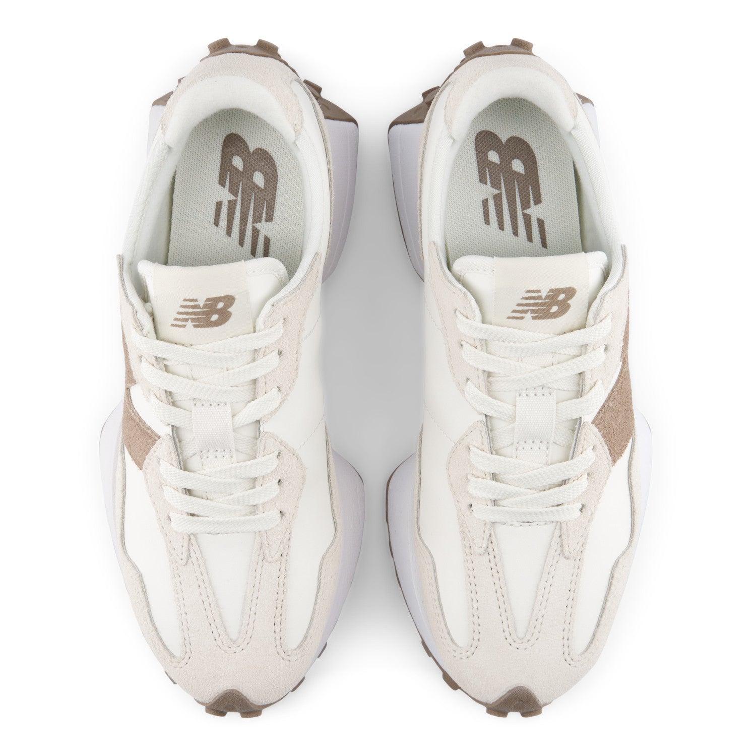 White sneakers with brown accents on a white background