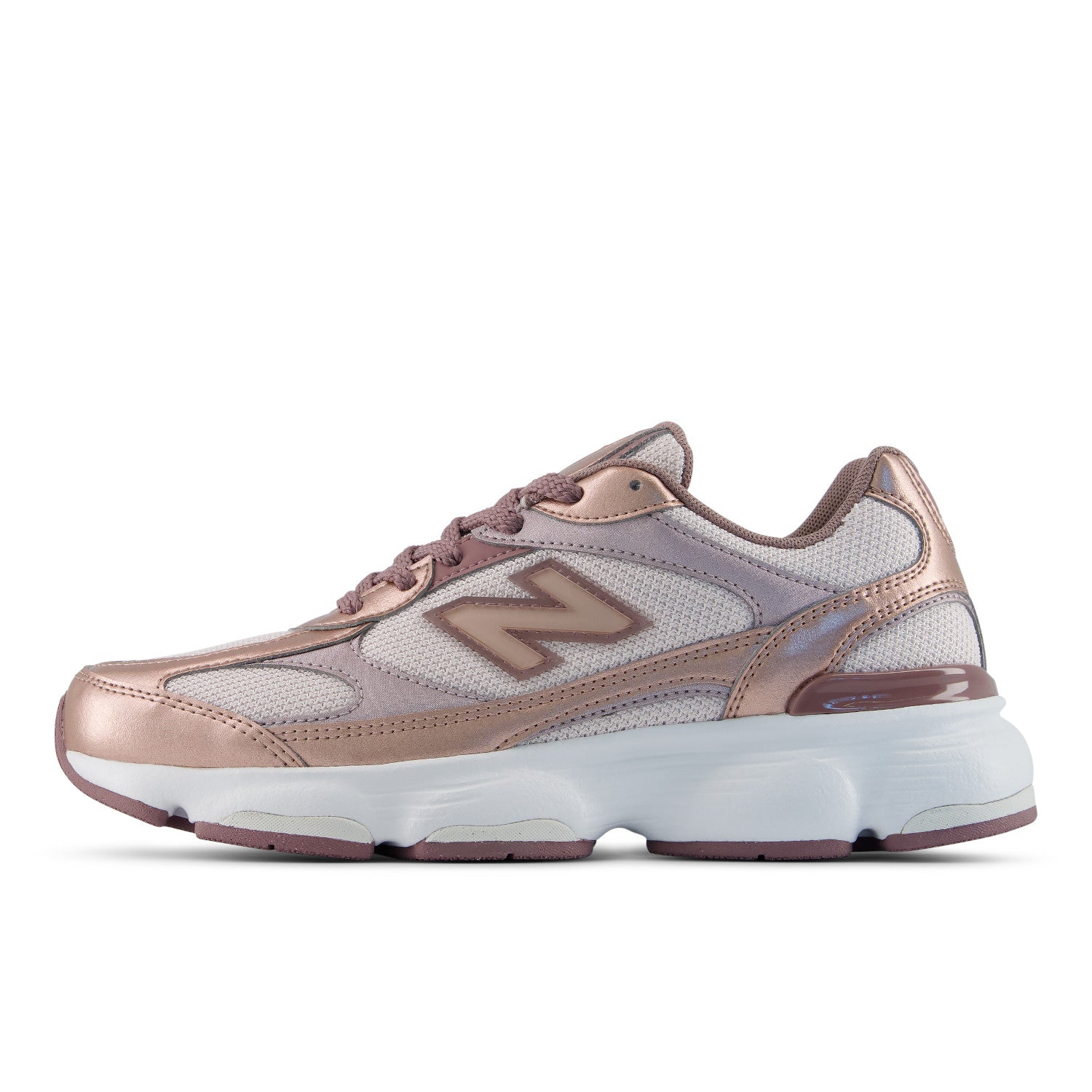 A New Balance sneaker in metallic rose gold and white, shown from the side against a plain white background.