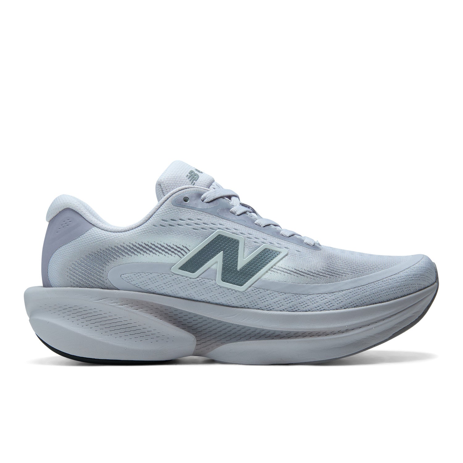 A New Balance running shoe in light gray and white with a dark gray 'N' logo on the side, shown in a side profile view against a white background.