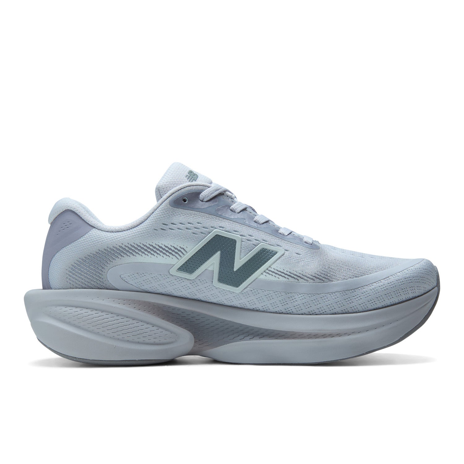 A New Balance running shoe in light gray and white with a dark gray 'N' logo on the side, shown in profile against a white background.