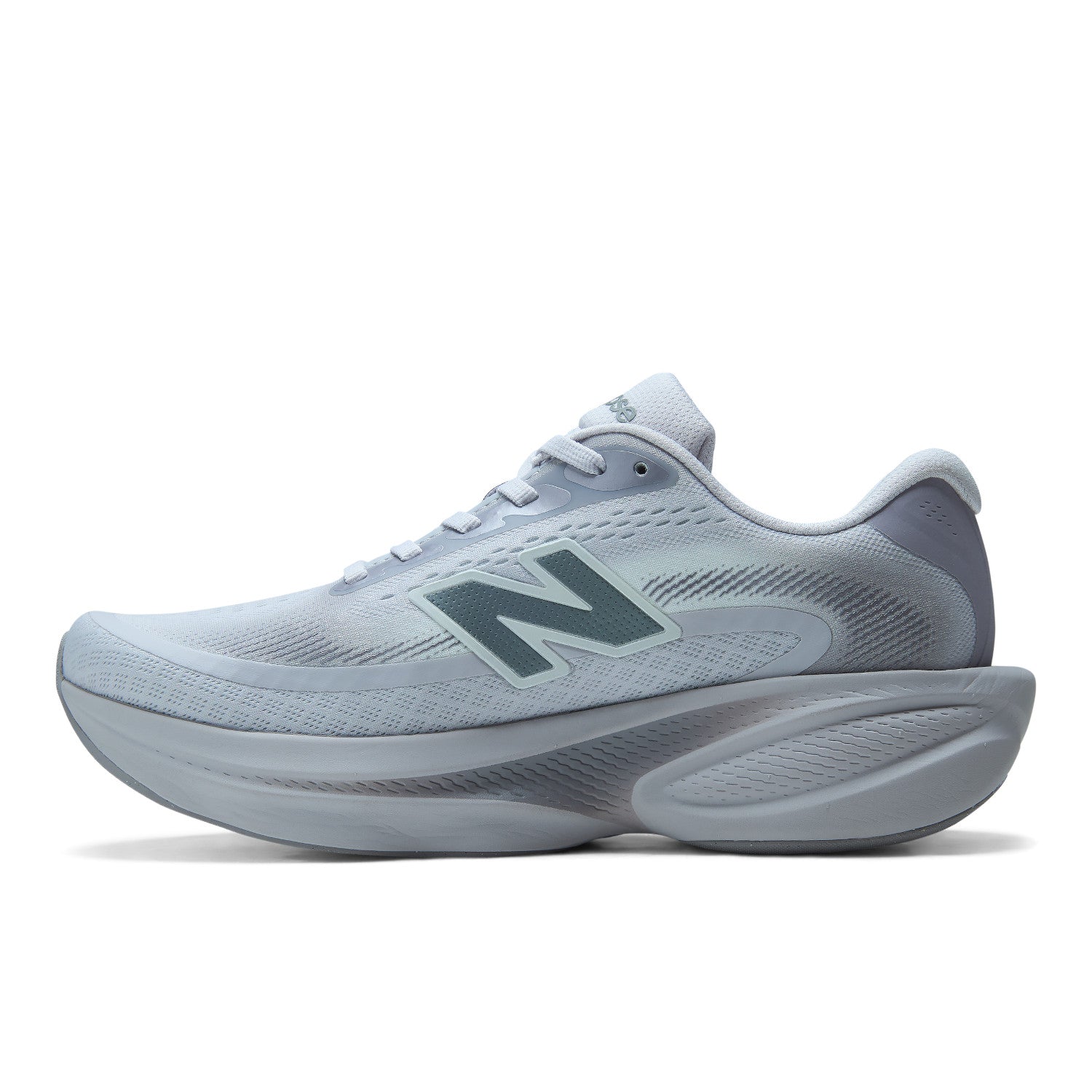 A New Balance running shoe in light gray and white with a dark gray 'N' logo on the side, shown in a side profile view against a white background.