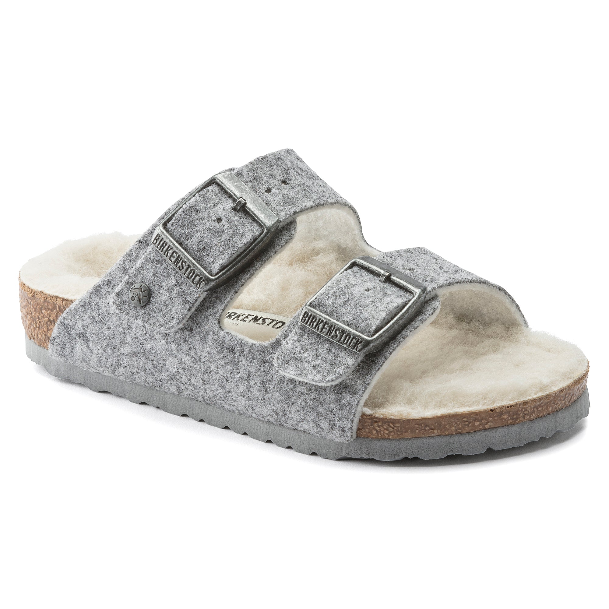 Kid's Birkenstock Arizona Happy Lamb Wool Sandal Color: Light Gray