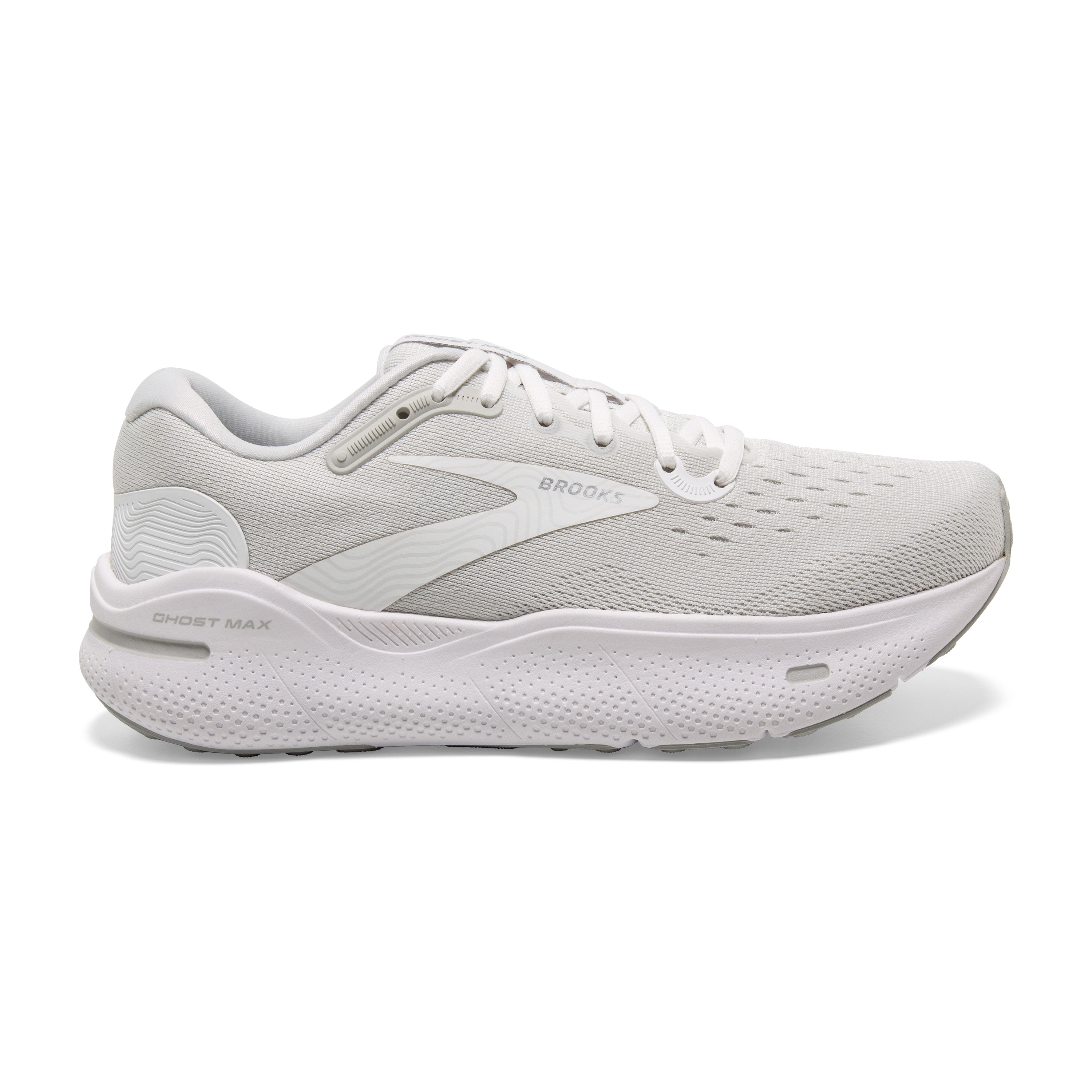 Women's Brooks Ghost Max Color:  White/Oyster/Metallic Silver