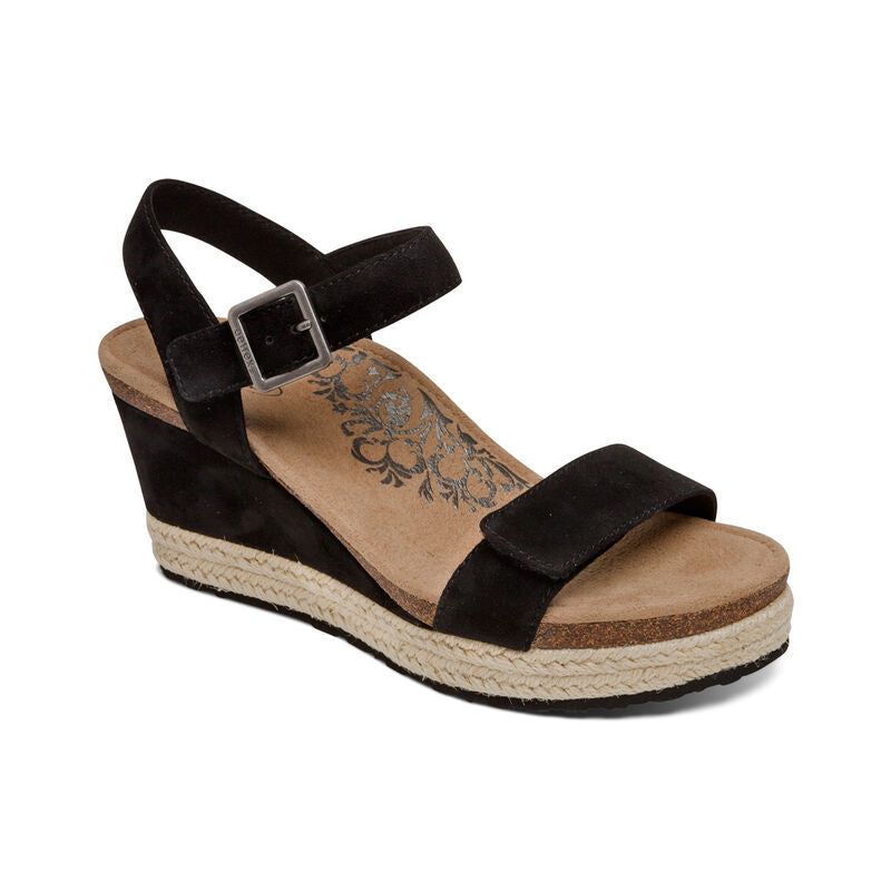 Women's Aetrex Sydney Quarter Strap Espadrille Wedge Color: Black