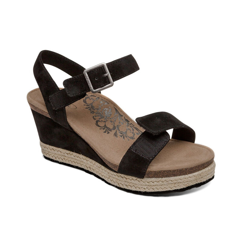 Women's Aetrex Sydney Quarter Strap Espadrille Wedge Color: Black