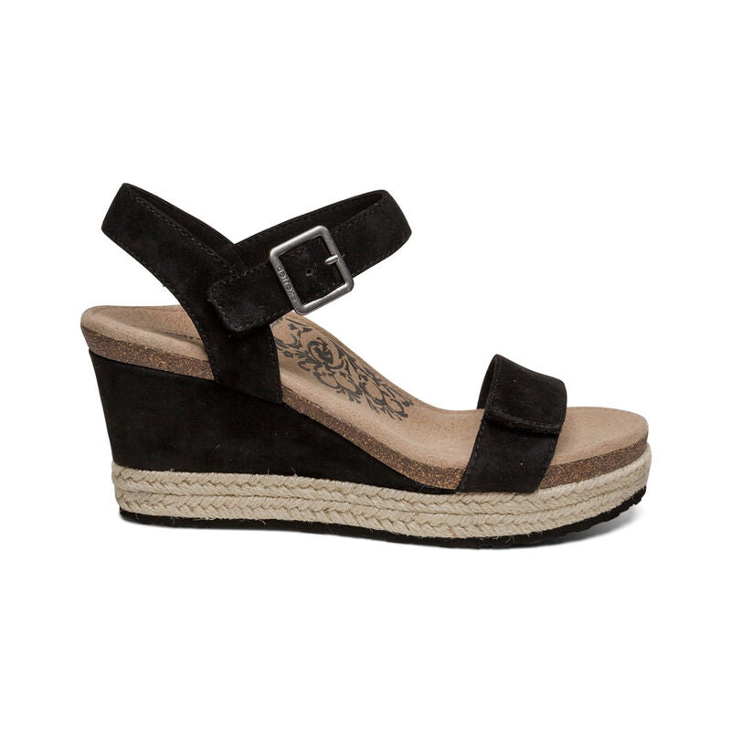 Women's Aetrex Sydney Quarter Strap Espadrille Wedge Color: Black