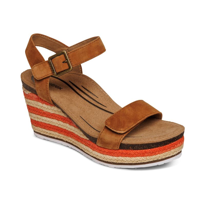 Women's Aetrex Sydney Quarter Strap Espadrille Wedge Color: Cognac