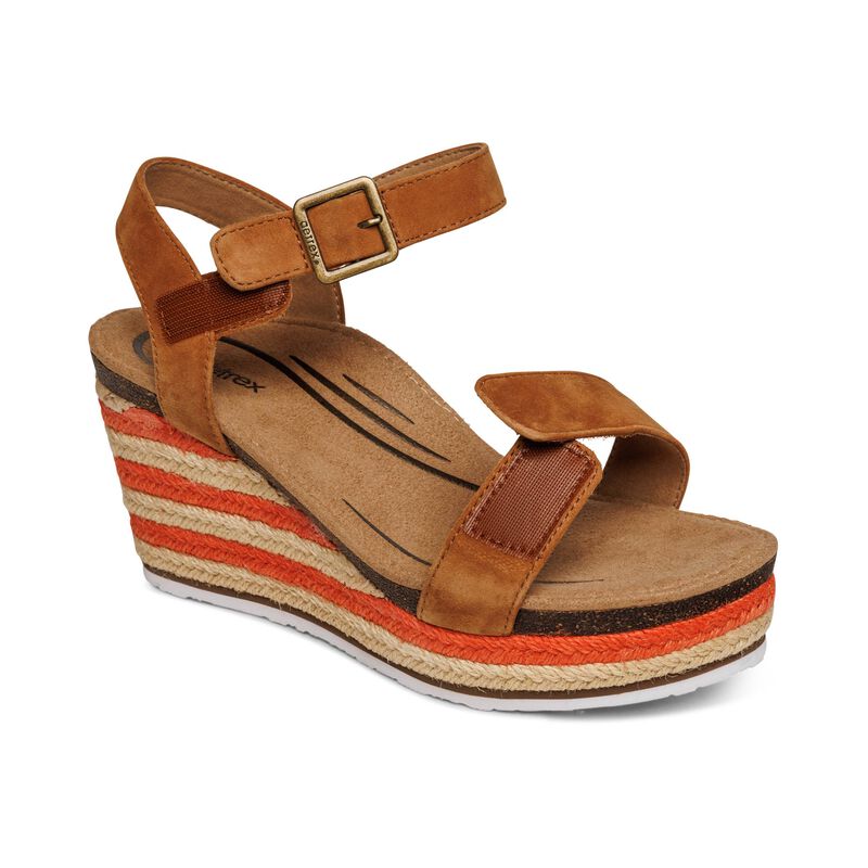 Women's Aetrex Sydney Quarter Strap Espadrille Wedge Color: Cognac