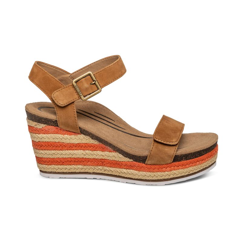 Women's Aetrex Sydney Quarter Strap Espadrille Wedge Color: Cognac