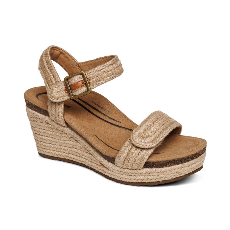 Women's Aetrex Sydney Quarter Strap Espadrille Wedge Color: Natural