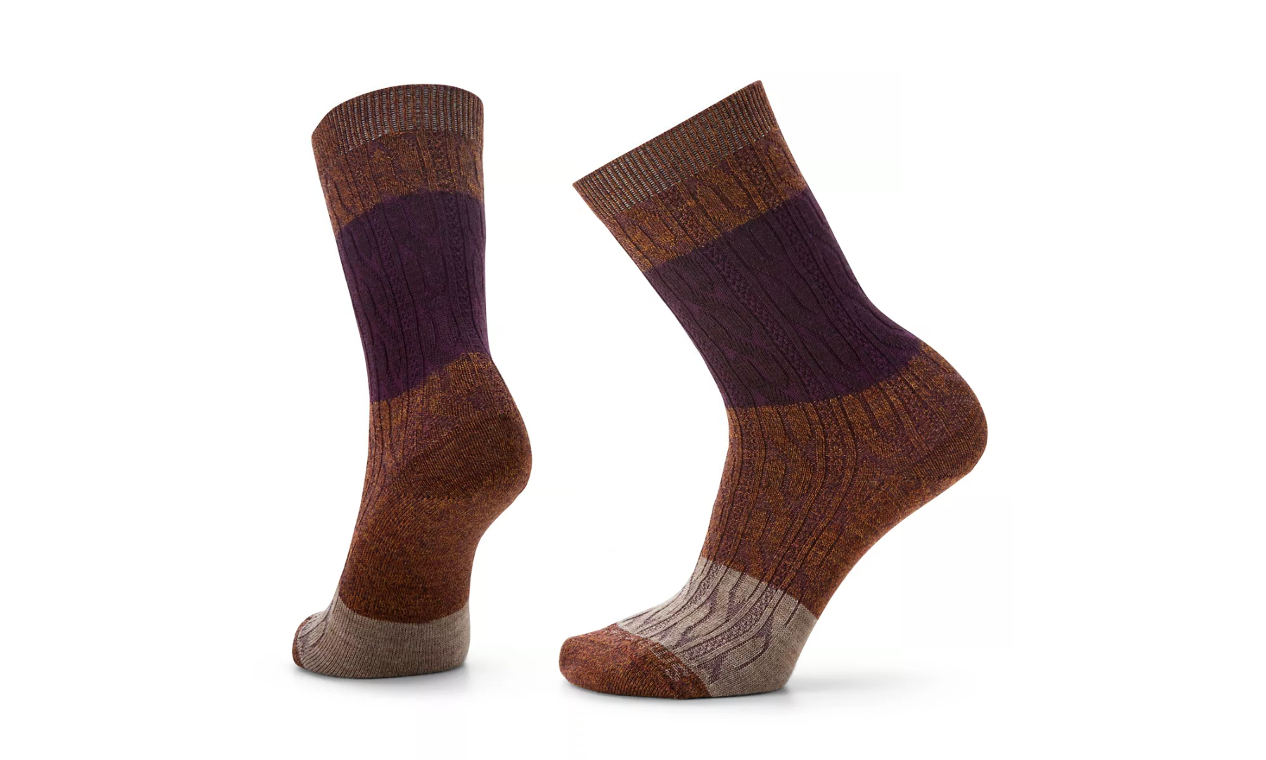 Women's Smartwool Everyday Color Block Cable Zero Cushion Crew Socks Color: Acorn-Bordeaux Marl