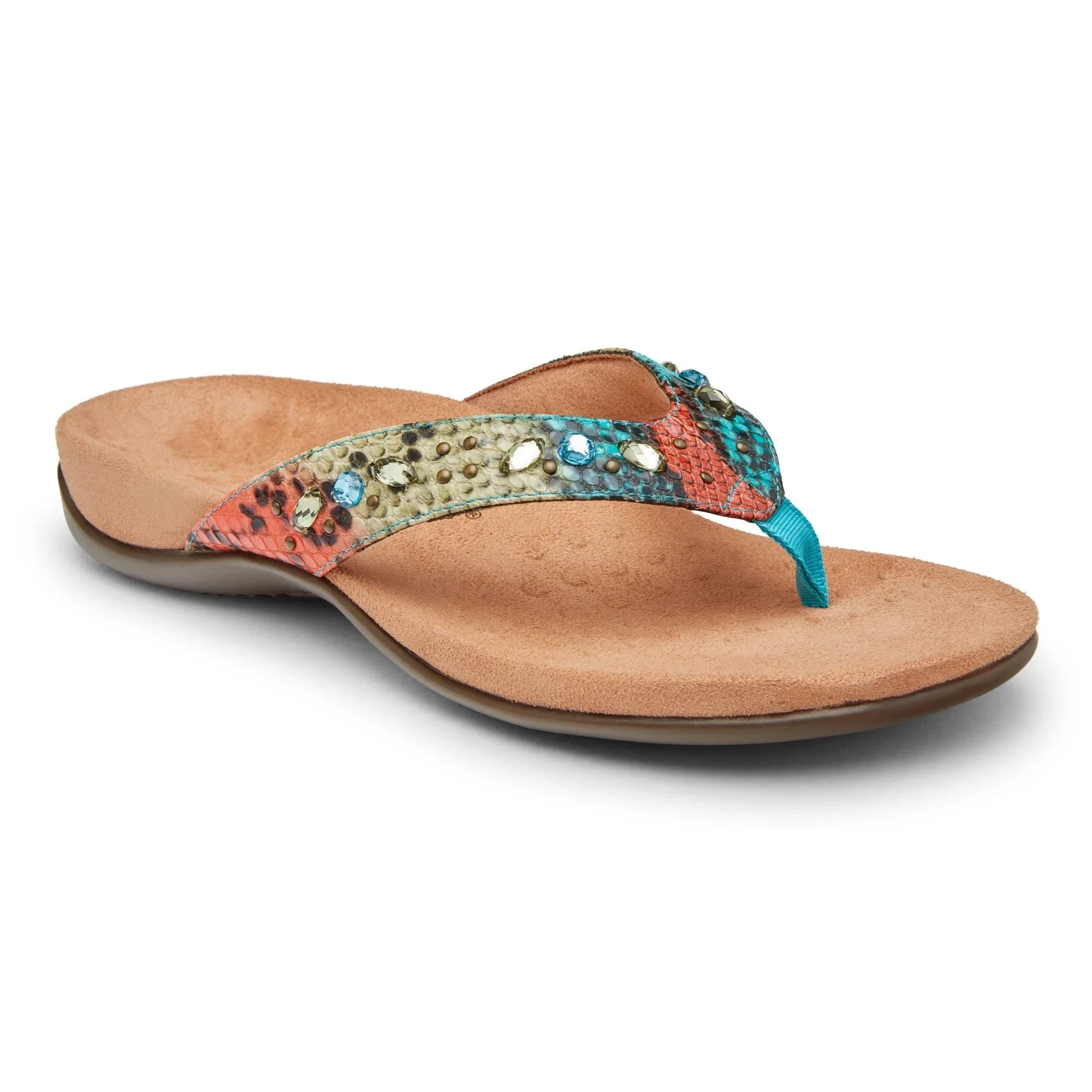 Women's Vionic Lucia Toe Post Sandal Color: Blue Teal Snake