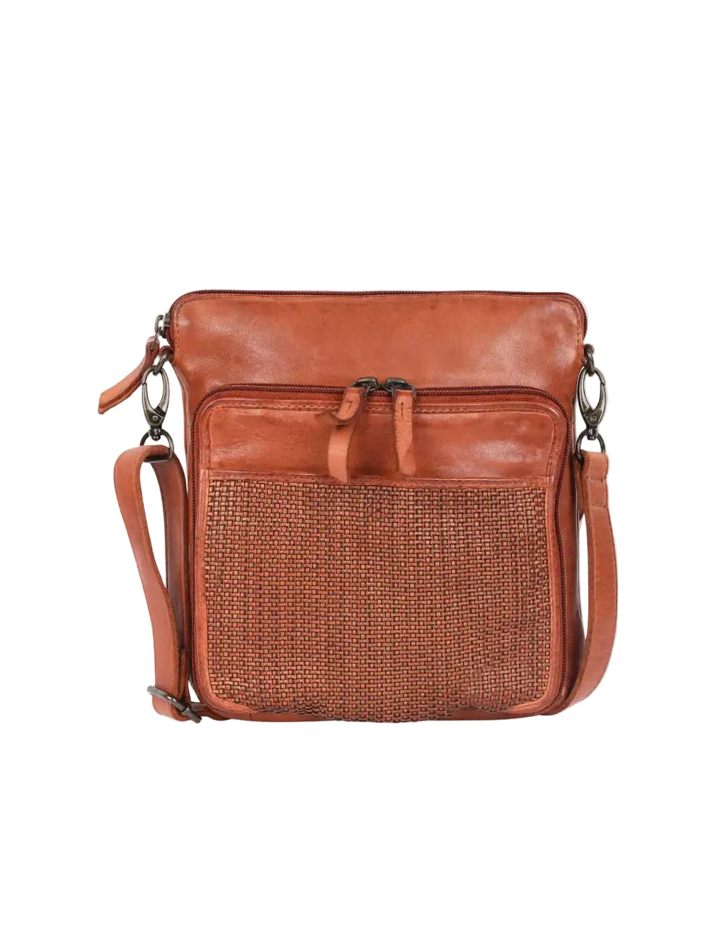A brown leather crossbody bag with a woven front pocket and a detachable shoulder strap, shown against a solid cream background.