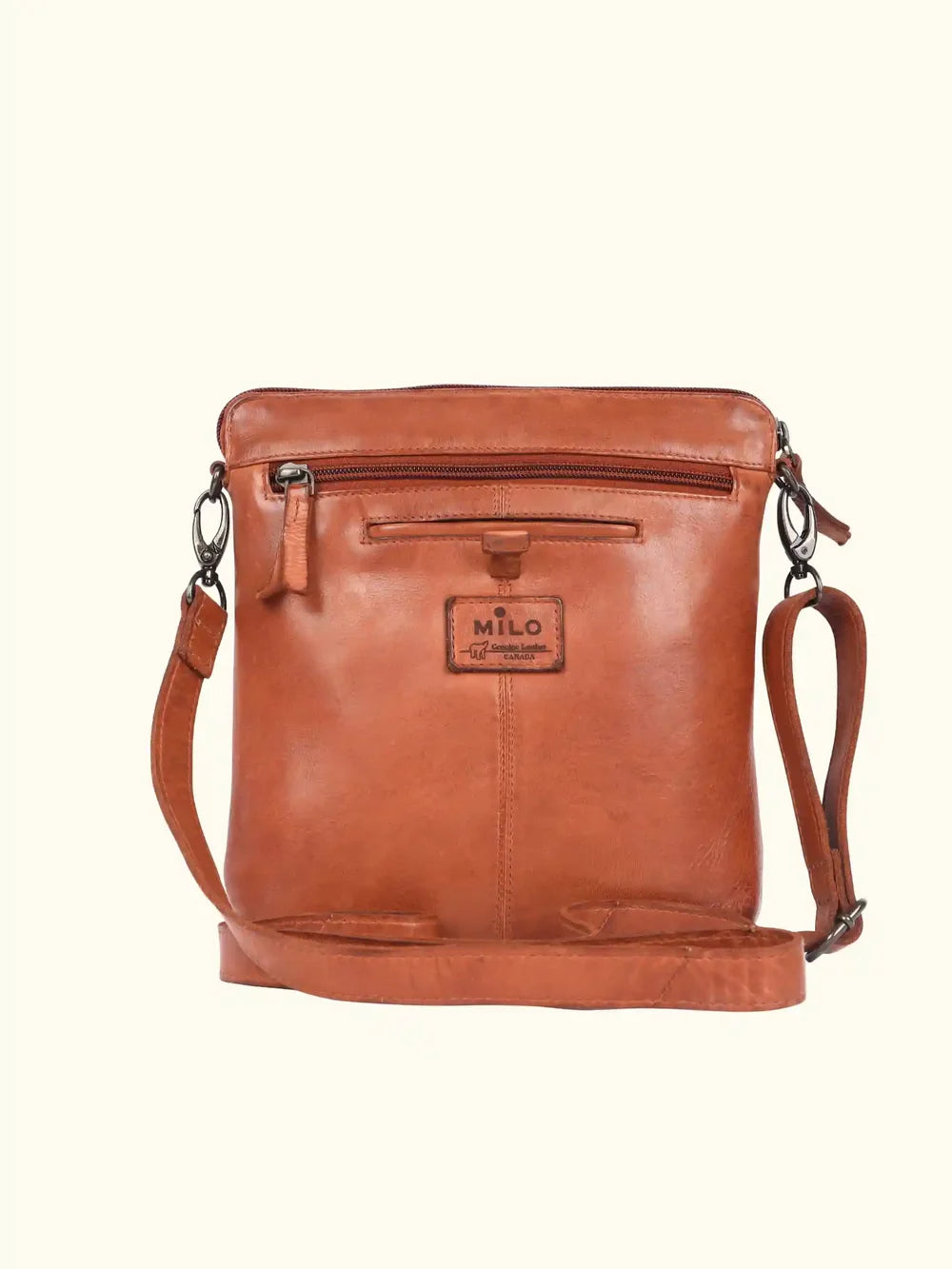 Brown leather bag with a visible brand logo on a white background