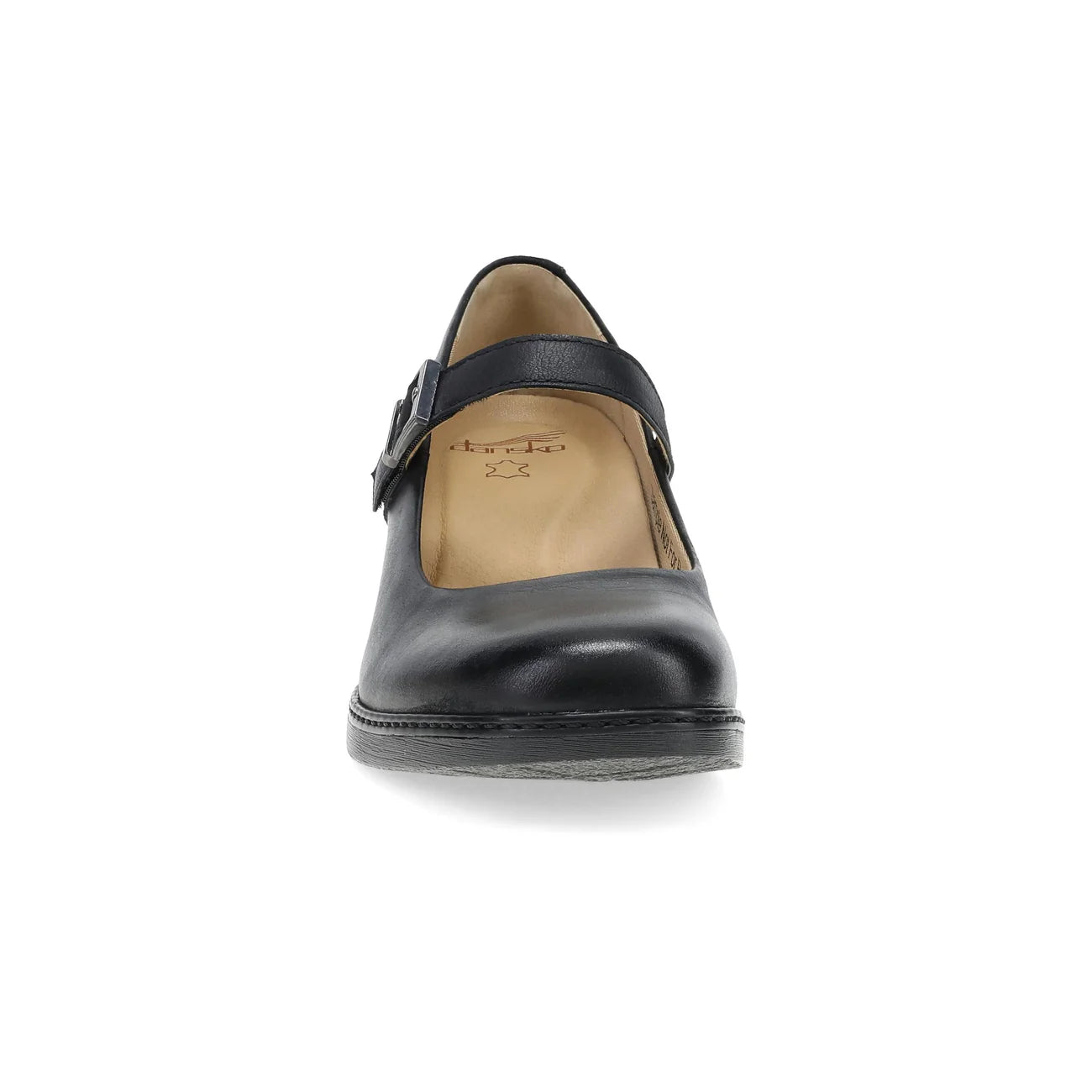 A single black leather Mary Jane shoe shown from a front-facing perspective on a clean white background.