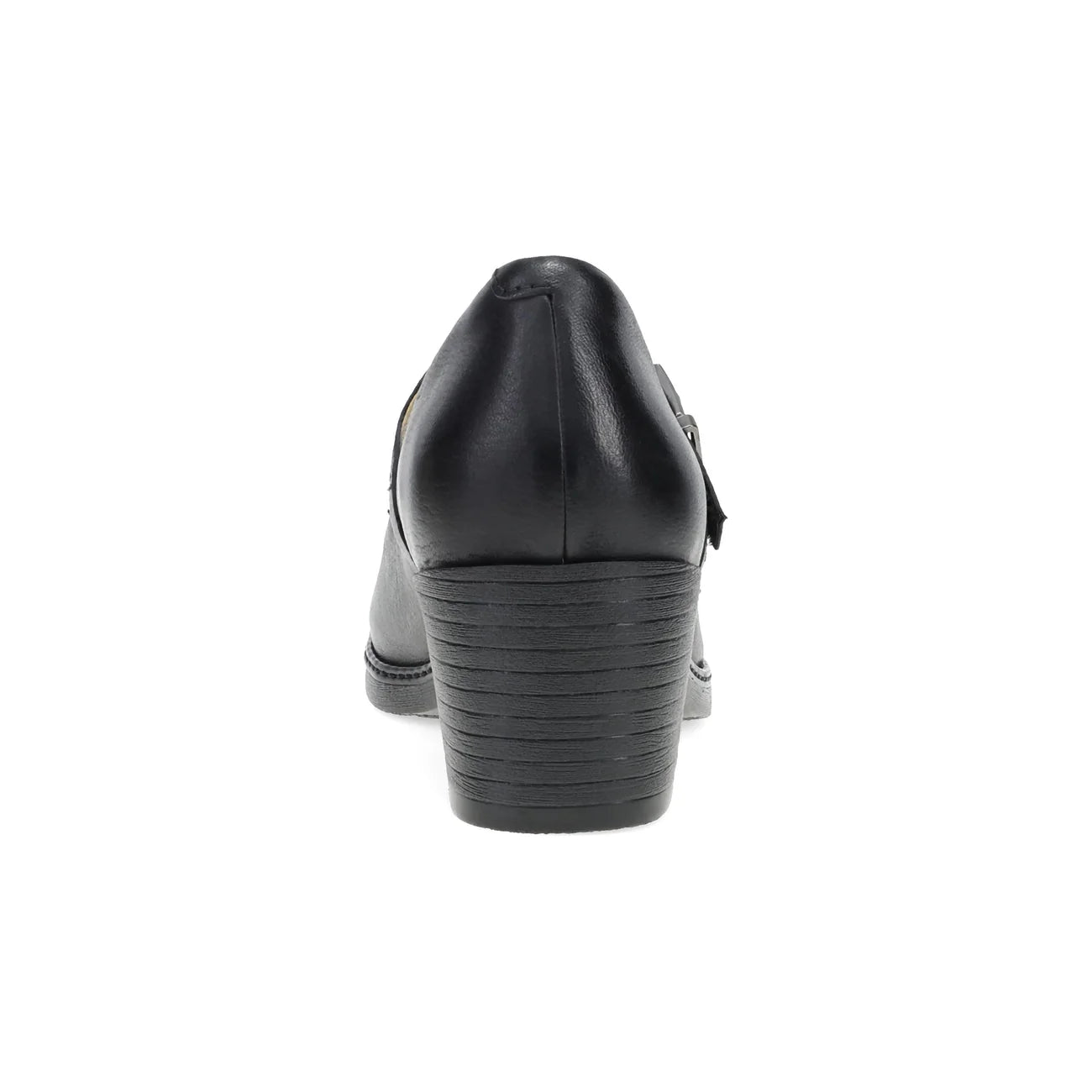 A black leather high-heeled shoe shown from the back, featuring a stacked block heel and a small side buckle detail, set against a plain white background.