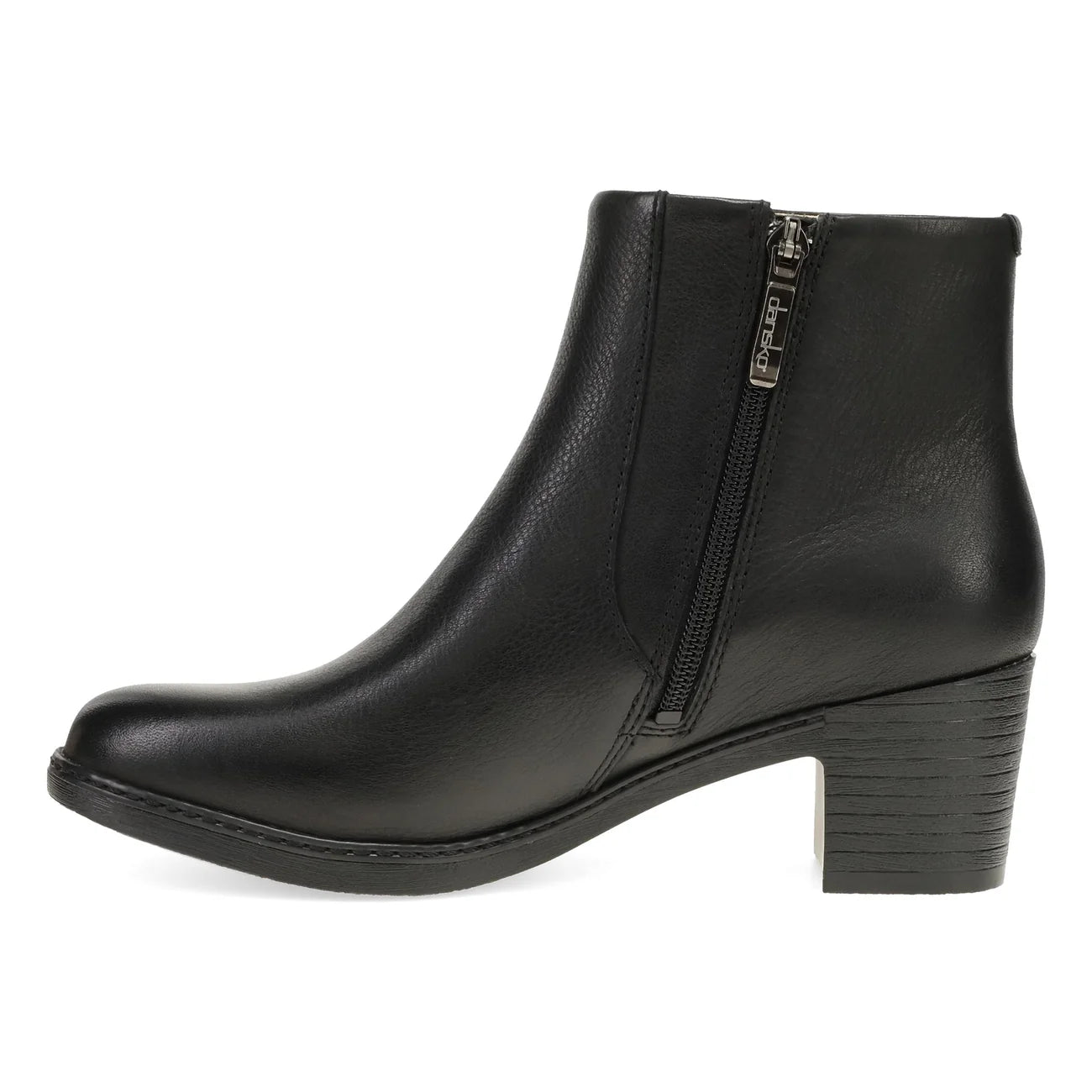 Black leather ankle boot with a zipper on a white background