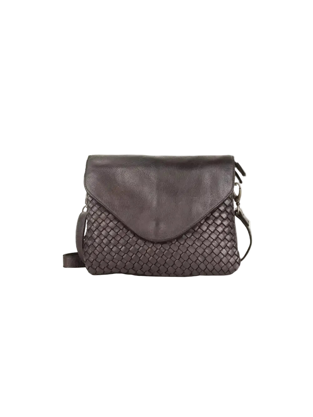A dark brown leather crossbody bag with a woven basketweave pattern on the front and a solid leather flap, shown against a plain cream background.