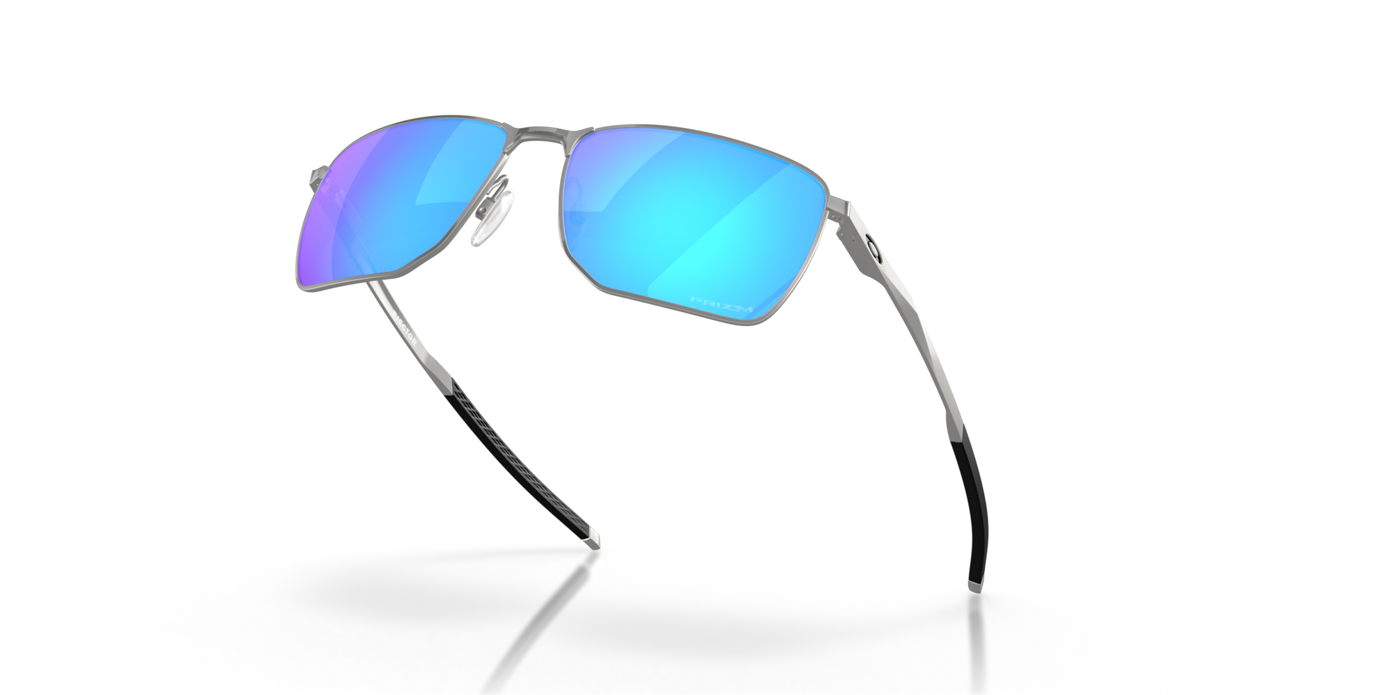 Sunglasses with blue reflective lenses on a white background