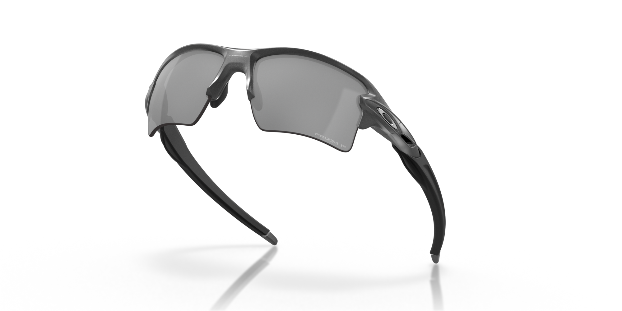 Black sunglasses with reflective lenses on a white background