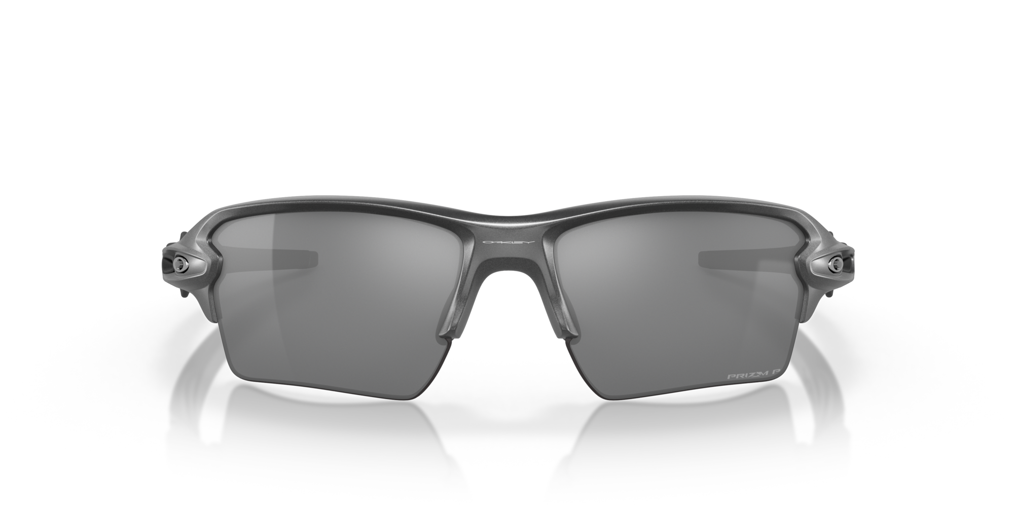 Sunglasses with black frame and gray lenses on a white background