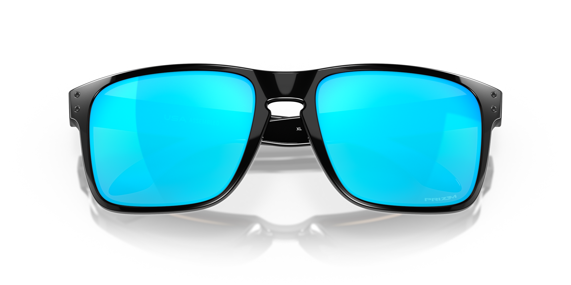 Black sunglasses with blue lenses on a white background
